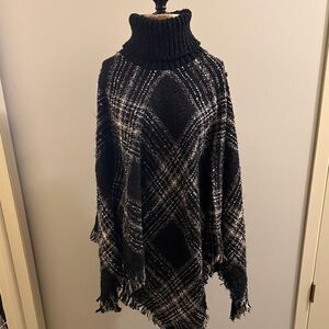 Black and Gray Turtleneck Plaid Sweater Shawl Poncho